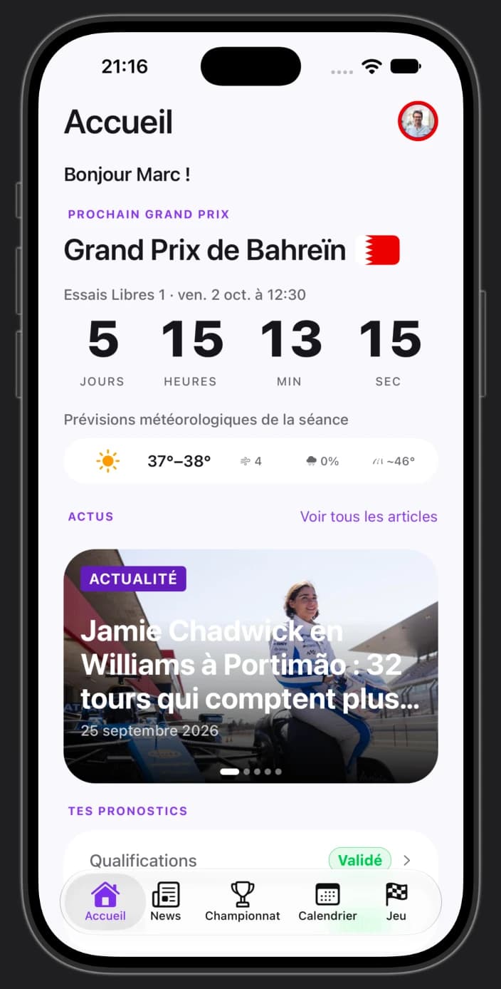 Accueil avec compte à rebours du prochain Grand Prix